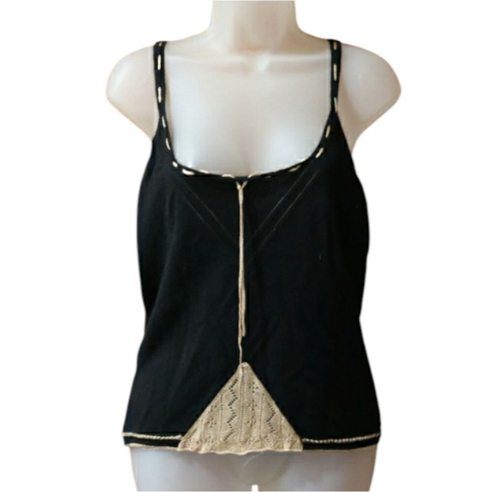 Max Studio Black Tan Cashmere Camisole Tie Front Going Out Top Medium